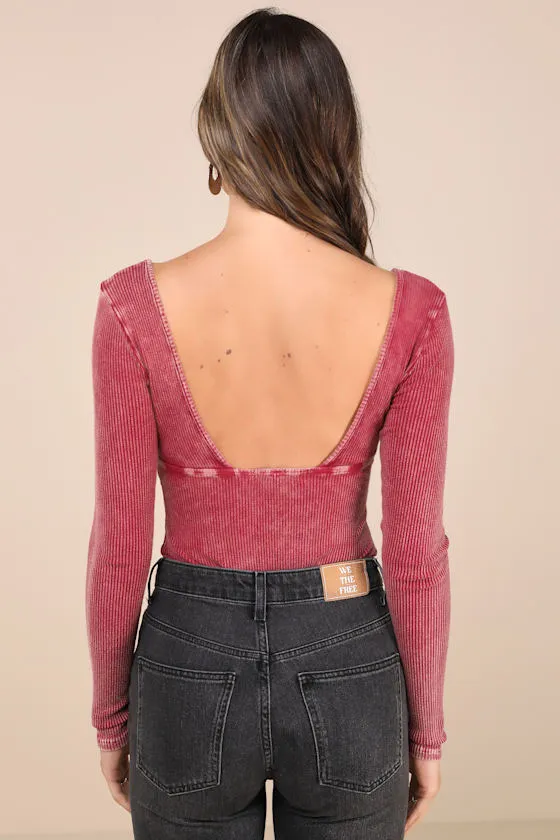 Trendsetting Confidence Washed Pink Ribbed Long Sleeve Bodysuit sold by Lulus product image thumbnail 2