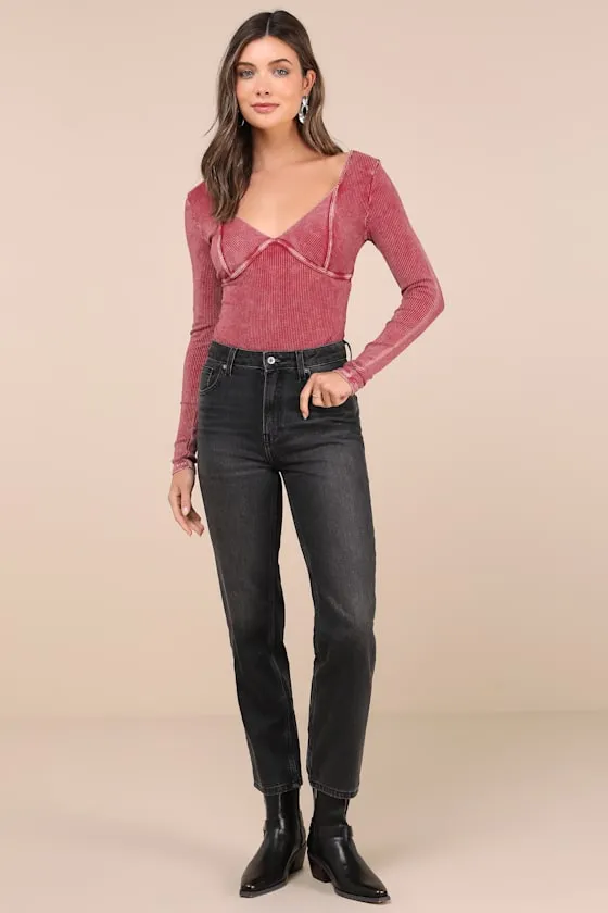 Trendsetting Confidence Washed Pink Ribbed Long Sleeve Bodysuit sold by Lulus product image thumbnail 3