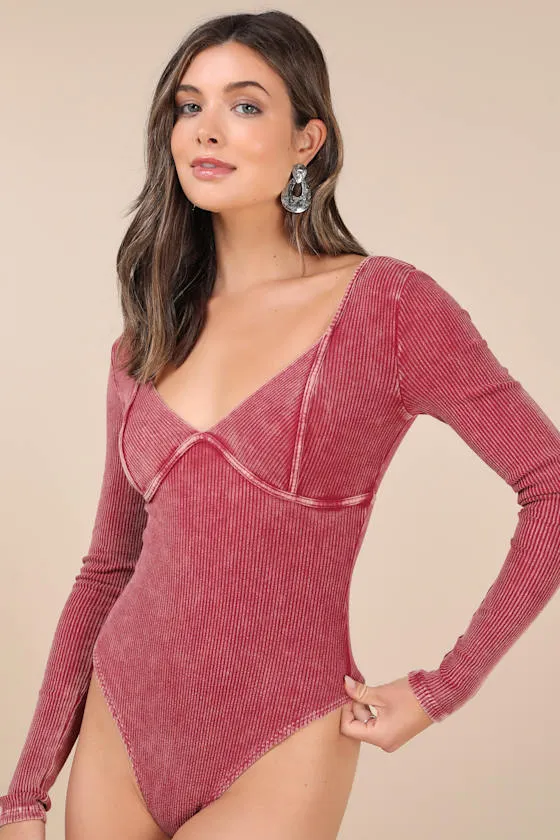 Trendsetting Confidence Washed Pink Ribbed Long Sleeve Bodysuit sold by Lulus product image thumbnail 4