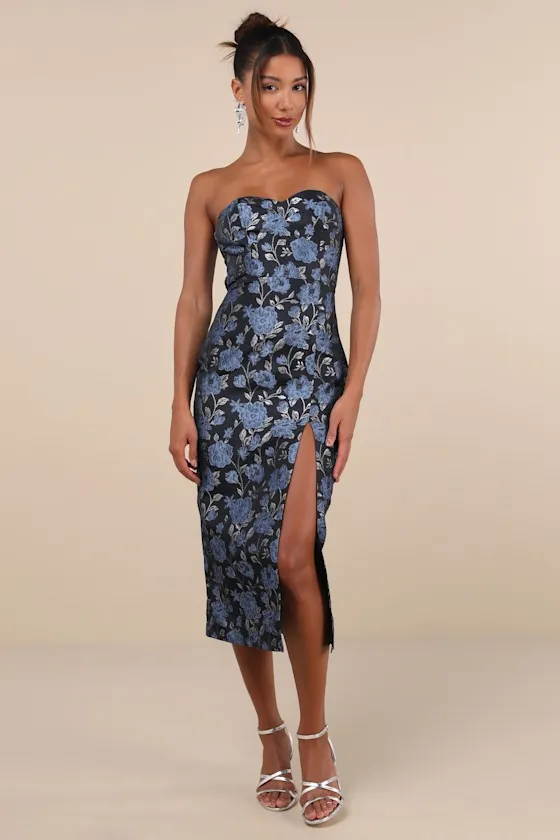 Beloved Belle Black Multi Jacquard Strapless Bow Midi Dress sold by Lulus