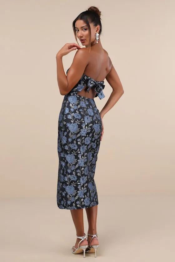 Beloved Belle Black Multi Jacquard Strapless Bow Midi Dress sold by Lulus product image thumbnail 2