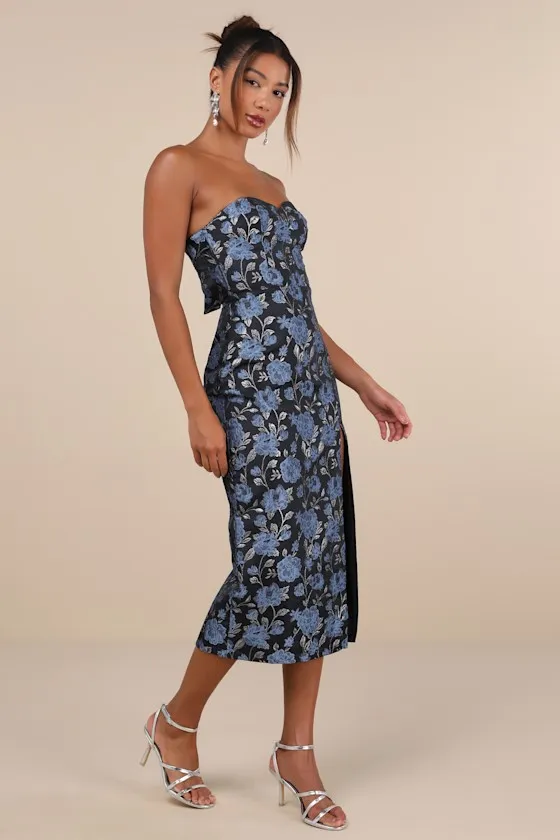 Beloved Belle Black Multi Jacquard Strapless Bow Midi Dress sold by Lulus product image thumbnail 4