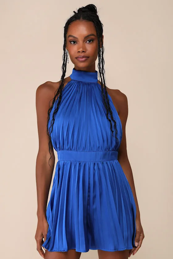 Seriously Stunning Royal Blue Satin Pleated Backless Romper sold by Lulus