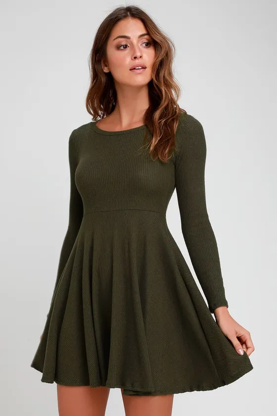 Fit and Fair Olive Green Ribbed Knit Long Sleeve Skater Dress sold by Lulus