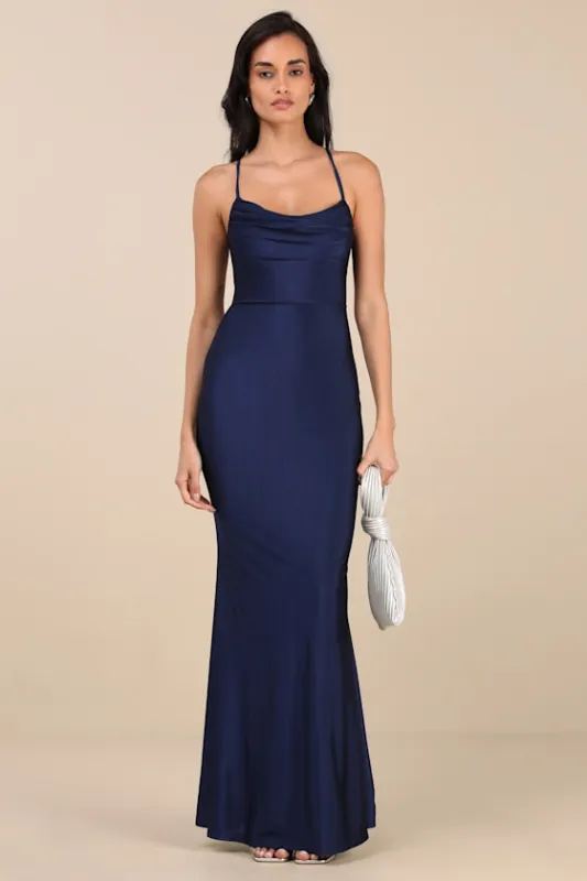 Cute Definition Navy Slinky Knit Cowl Neck Maxi Dress sold by Lulus