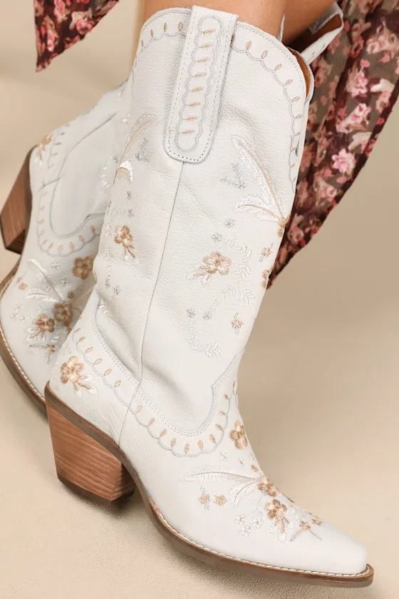 Full Bloom White Leather Embroidered Mid-Calf Western Boots sold by Lulus product image thumbnail 2