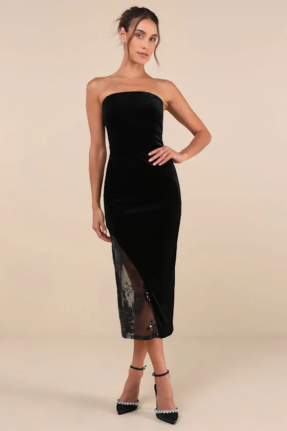 Feeling So Luxe Black Velvet Mesh Sequin Strapless Midi Dress sold by Lulus