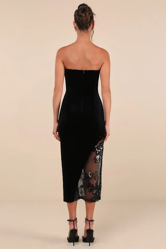 Feeling So Luxe Black Velvet Mesh Sequin Strapless Midi Dress sold by Lulus product image thumbnail 2