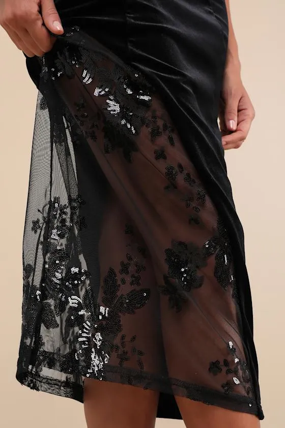 Feeling So Luxe Black Velvet Mesh Sequin Strapless Midi Dress sold by Lulus product image thumbnail 3