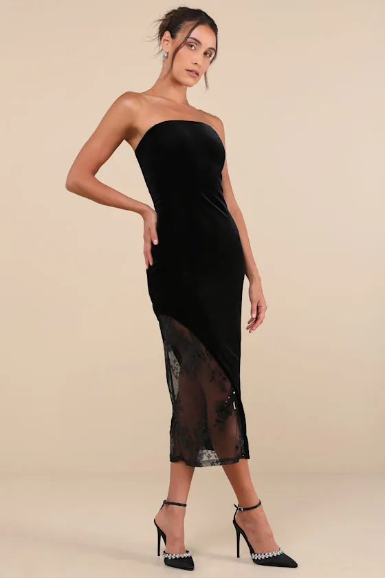 Feeling So Luxe Black Velvet Mesh Sequin Strapless Midi Dress sold by Lulus product image thumbnail 4