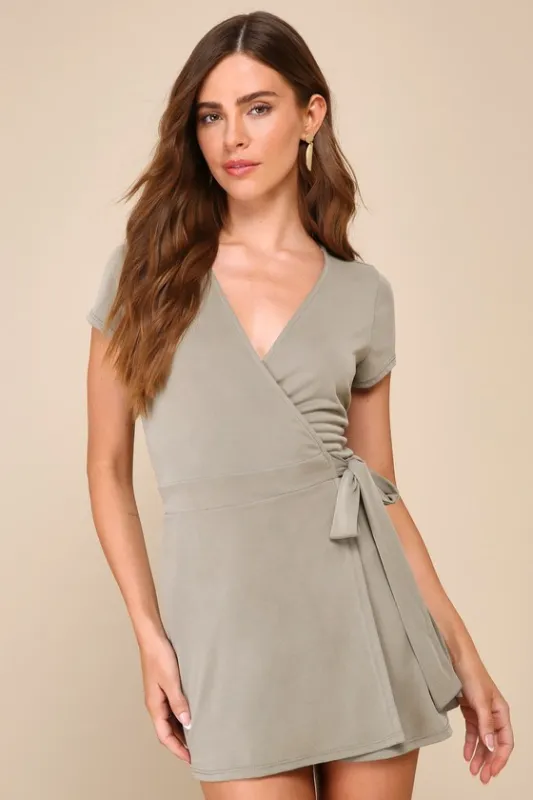 Casual Darling Sage Green Faux Wrap Short Sleeve Skort Romper sold by Lulus