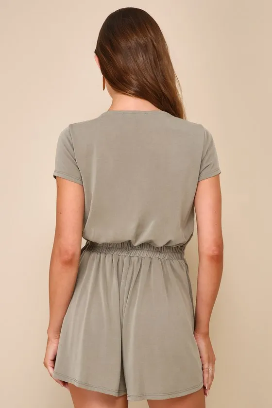 Casual Darling Sage Green Faux Wrap Short Sleeve Skort Romper sold by Lulus product image thumbnail 3