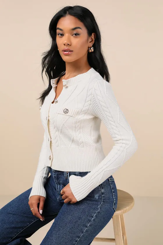 Luxe Composure Ivory Cable Knit Long Sleeve Cardigan Sweater sold by Lulus