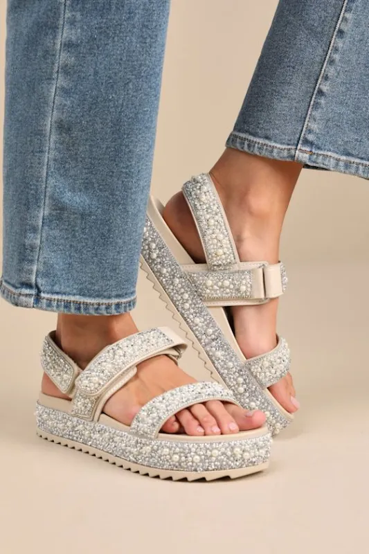 Toinetta Ivory Rhinestone Pearl Flatform Sandals made by Lulus