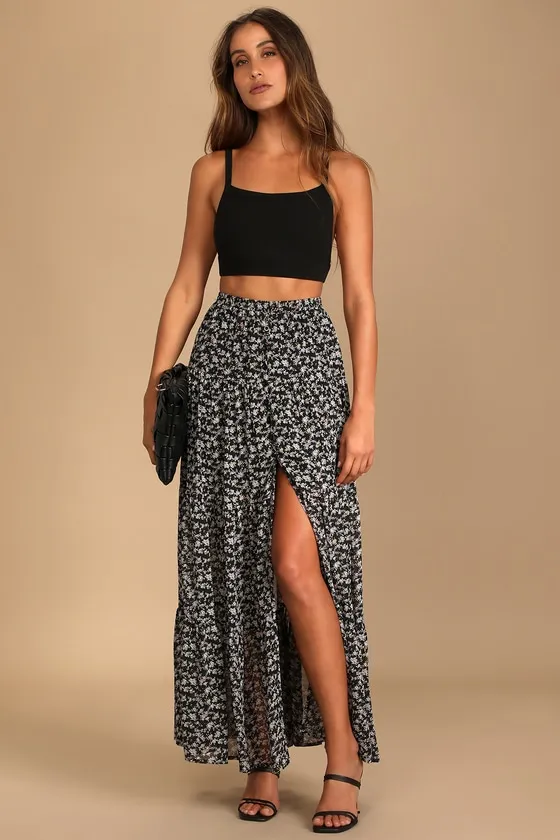 Subtle Sweetness Black Floral Print Tiered Maxi Skirt sold by Lulus
