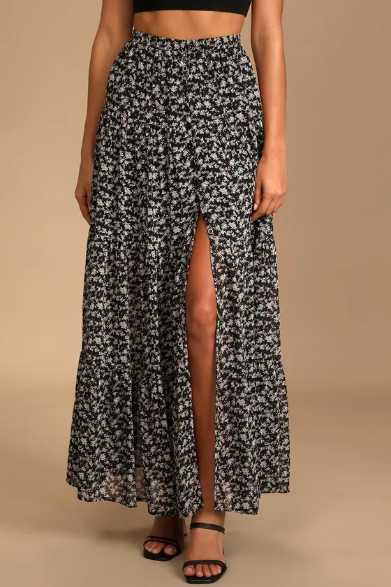 Subtle Sweetness Black Floral Print Tiered Maxi Skirt sold by Lulus product image thumbnail 2