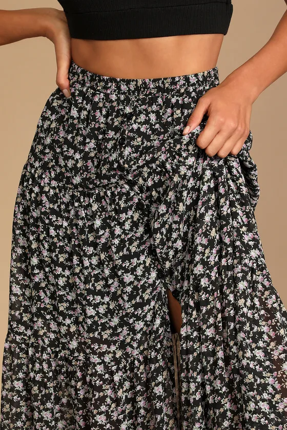 Subtle Sweetness Black Floral Print Tiered Maxi Skirt sold by Lulus product image thumbnail 3