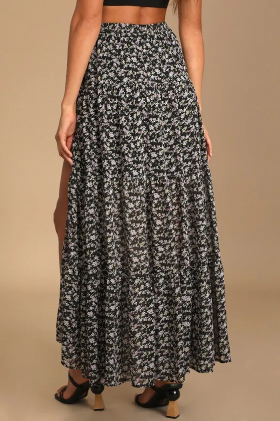 Subtle Sweetness Black Floral Print Tiered Maxi Skirt sold by Lulus product image thumbnail 4