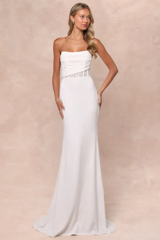 Avowed Adoration White Sheer Lace Pleated Strapless Maxi Dress sold by Lulus