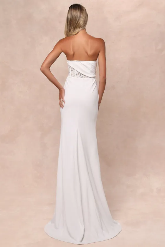 Avowed Adoration White Sheer Lace Pleated Strapless Maxi Dress sold by Lulus product image thumbnail 2