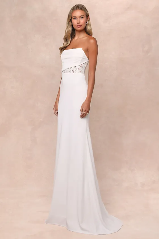 Avowed Adoration White Sheer Lace Pleated Strapless Maxi Dress sold by Lulus product image thumbnail 3