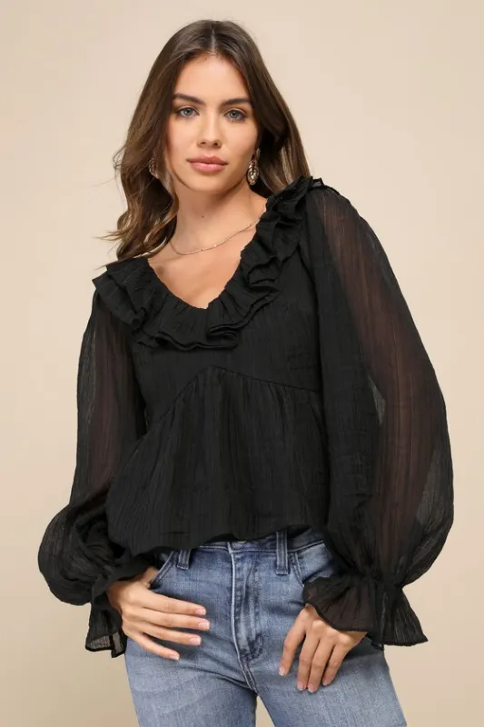 Lavish Babe Black Pleated Ruffled Tiered Long Sleeve Top sold by Lulus