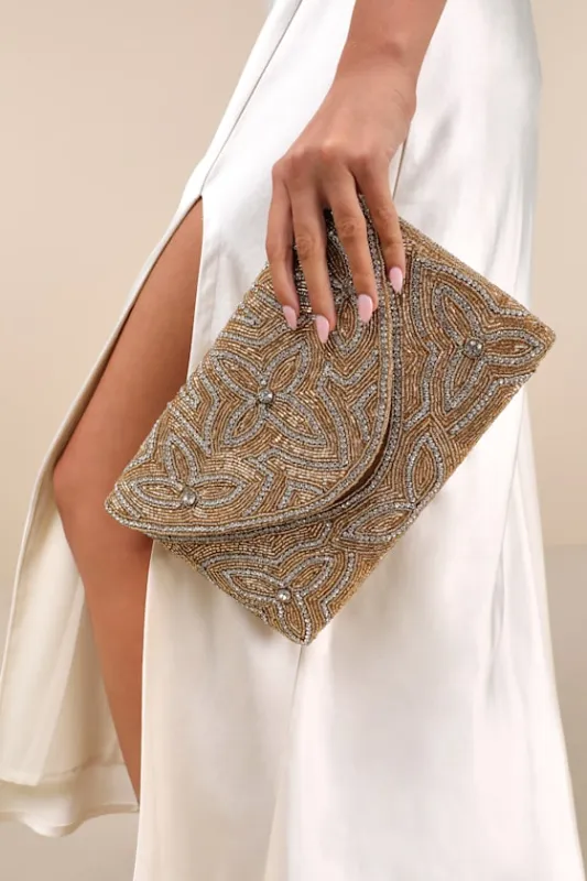 Grazina Gold Beaded Rhinestone Clutch sold by Lulus