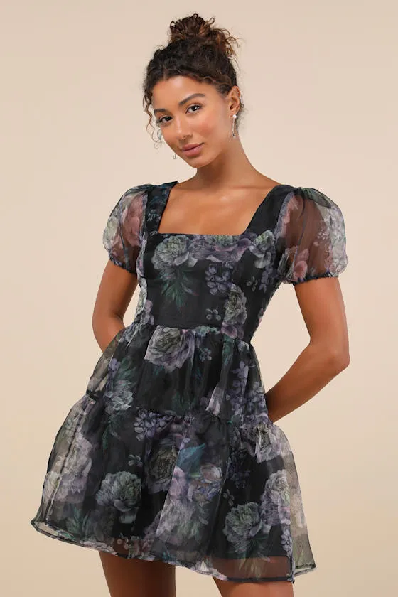 Exceptional Fate Black Floral Organza Puff Sleeve Mini Dress sold by Lulus product image thumbnail 2