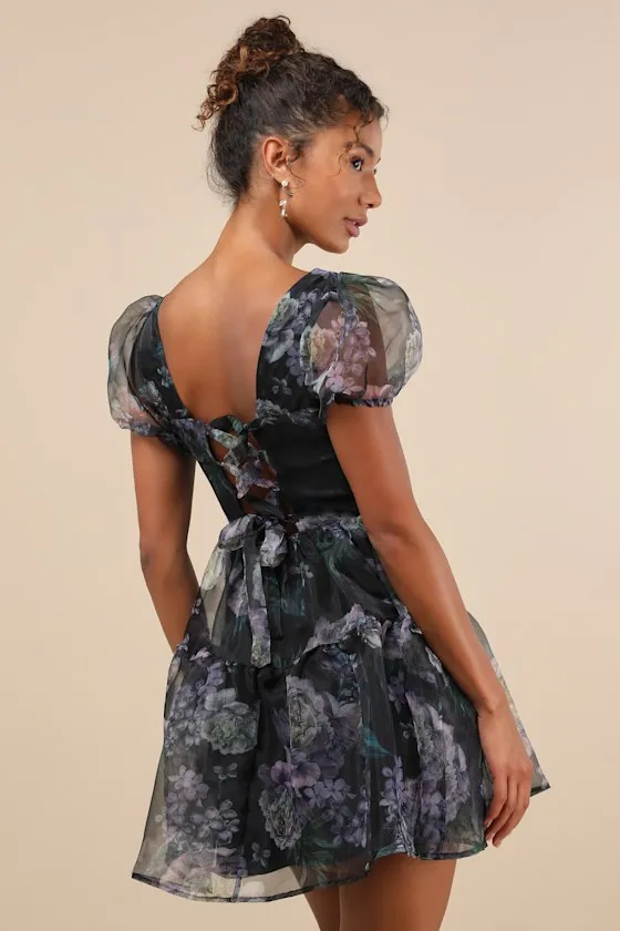 Exceptional Fate Black Floral Organza Puff Sleeve Mini Dress sold by Lulus product image thumbnail 3