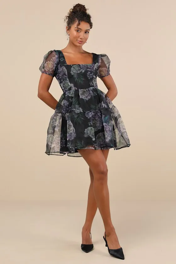 Exceptional Fate Black Floral Organza Puff Sleeve Mini Dress sold by Lulus product image thumbnail 4