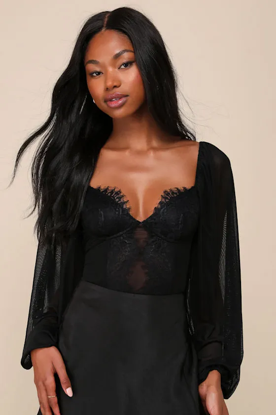 Instant Attraction Black Long Sleeve Lace Bustier Bodysuit sold by Lulus