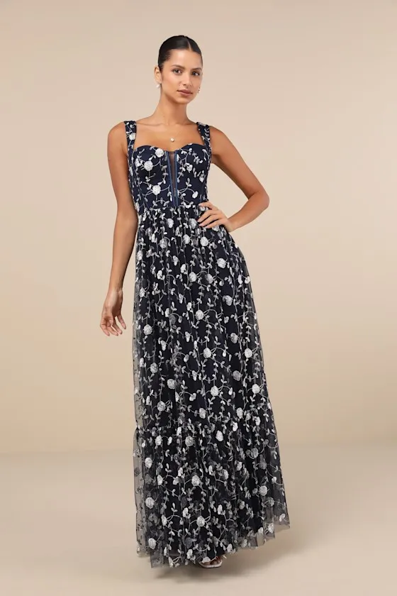 Gala Invite Navy Blue Embroidered Tulle Bustier Maxi Dress sold by Lulus