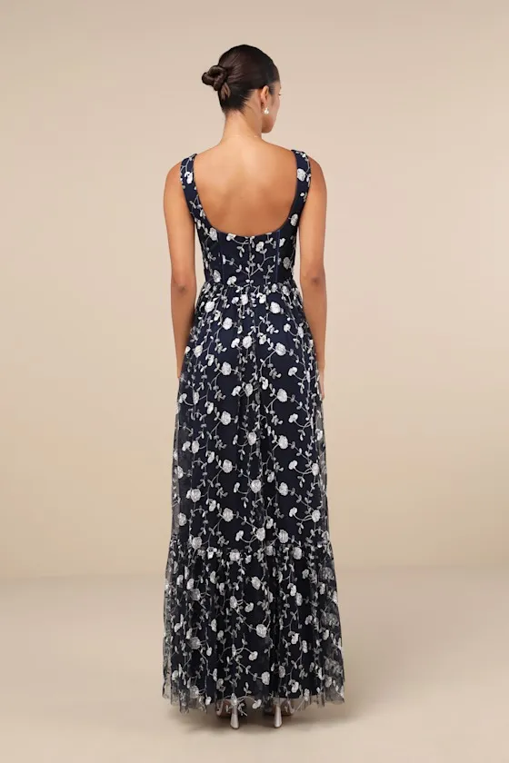 Gala Invite Navy Blue Embroidered Tulle Bustier Maxi Dress sold by Lulus product image thumbnail 2