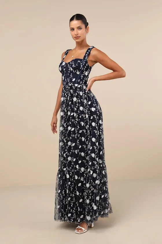 Gala Invite Navy Blue Embroidered Tulle Bustier Maxi Dress sold by Lulus product image thumbnail 4