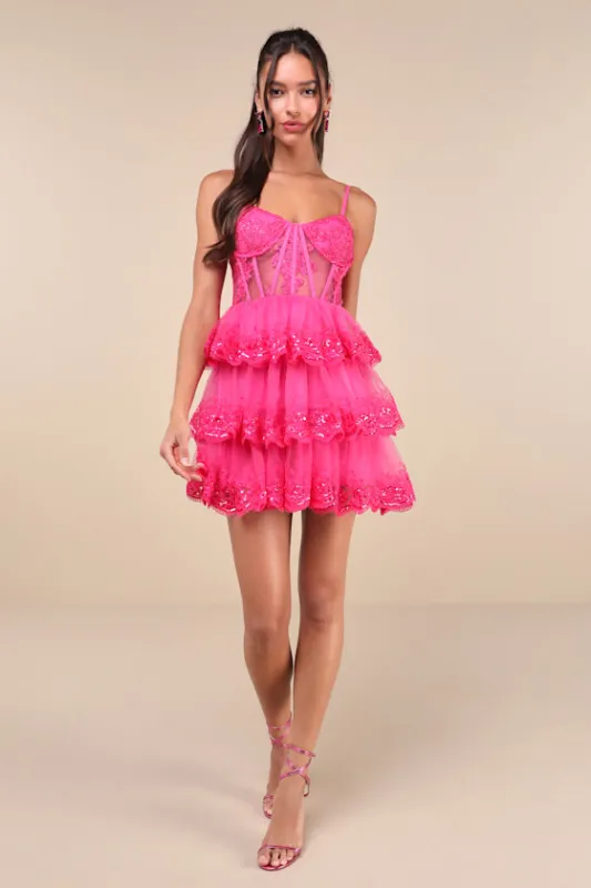 Exquisite Drama Hot Pink Embroidered Sequin Tiered Mini Dress sold by Lulus