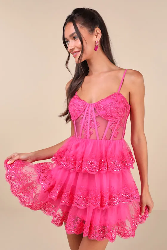 Exquisite Drama Hot Pink Embroidered Sequin Tiered Mini Dress sold by Lulus product image thumbnail 2