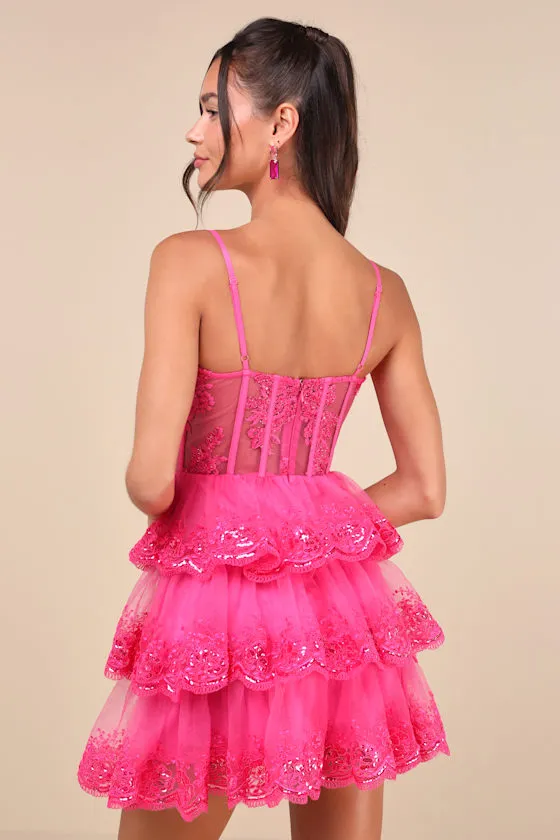 Exquisite Drama Hot Pink Embroidered Sequin Tiered Mini Dress sold by Lulus product image thumbnail 3
