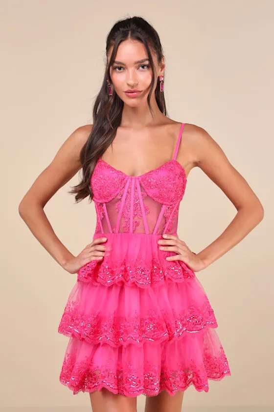 Exquisite Drama Hot Pink Embroidered Sequin Tiered Mini Dress sold by Lulus product image thumbnail 4