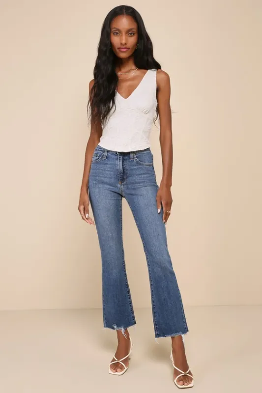 Downtown Diva Medium Wash Cropped Raw Hem High-Rise Jeans sold by Lulus