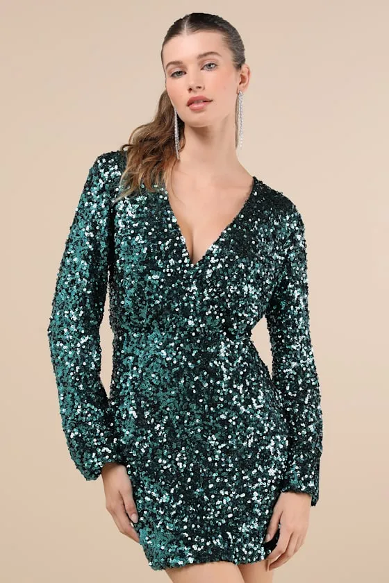 Indescribable Shine Teal Green Sequin Long Sleeve Mini Dress sold by Lulus