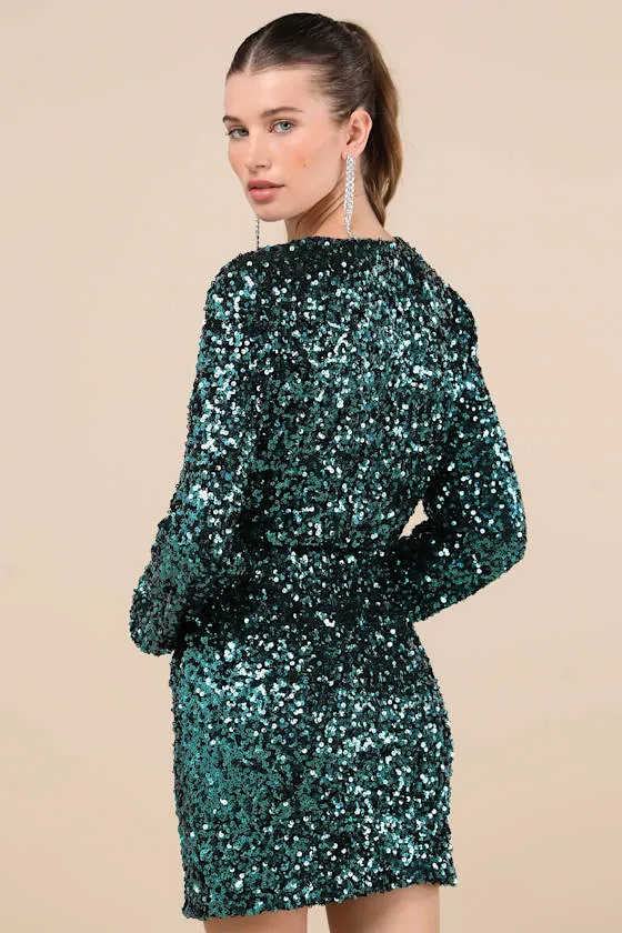 Indescribable Shine Teal Green Sequin Long Sleeve Mini Dress sold by Lulus product image thumbnail 3