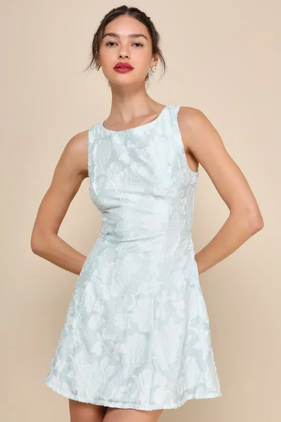 Exquisite Moments Mint Floral Jacquard Sleeveless Mini Dress sold by Lulus