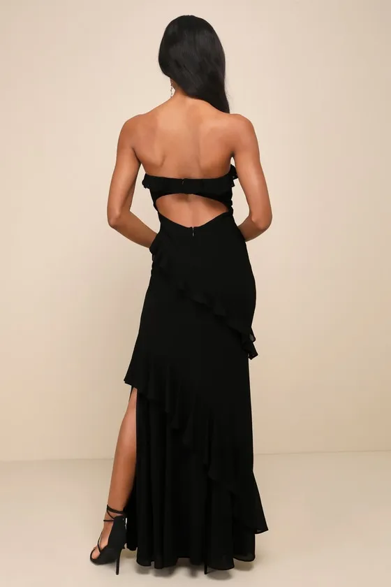 Dramatic Allure Black Ruffled Cutout Strapless Maxi Dress sold by Lulus product image thumbnail 3