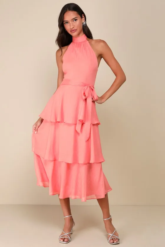 Sunny Darling Coral Pink Tiered Mock Neck Halter Midi Dress sold by Lulus