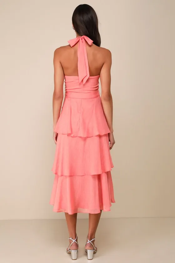 Sunny Darling Coral Pink Tiered Mock Neck Halter Midi Dress sold by Lulus product image thumbnail 2