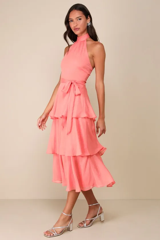 Sunny Darling Coral Pink Tiered Mock Neck Halter Midi Dress sold by Lulus product image thumbnail 3