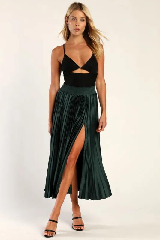 Sophisticated Vision Emerald Green Satin Pleated Midi Skirt sold by Lulus