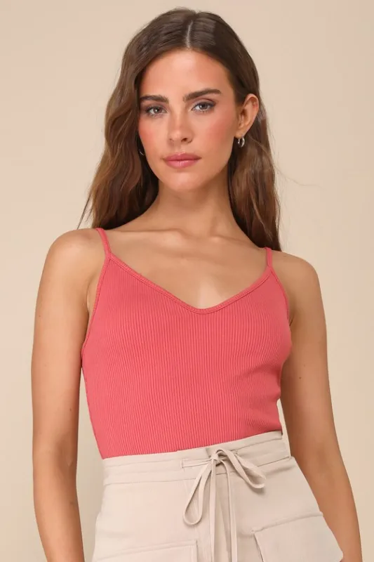 Talula Rusty Rose Ribbed V-Neck Cami Top sold by Lulus