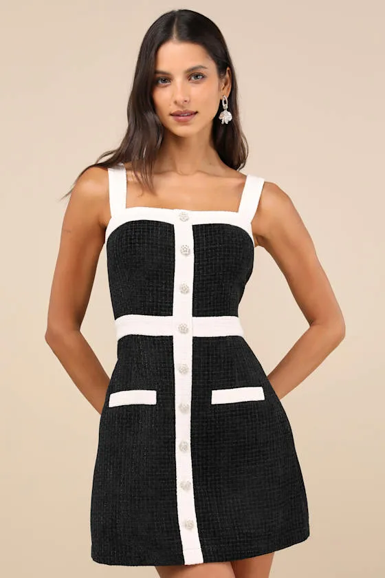 Divine Luxury Black and White Tweed Pearl Mini Dress sold by Lulus