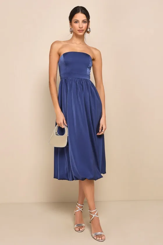 Lavish Elegance Navy Blue Satin Strapless Bubble-Hem Midi Dress sold by Lulus